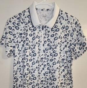 Puma White and Blue Leopard Print Polo